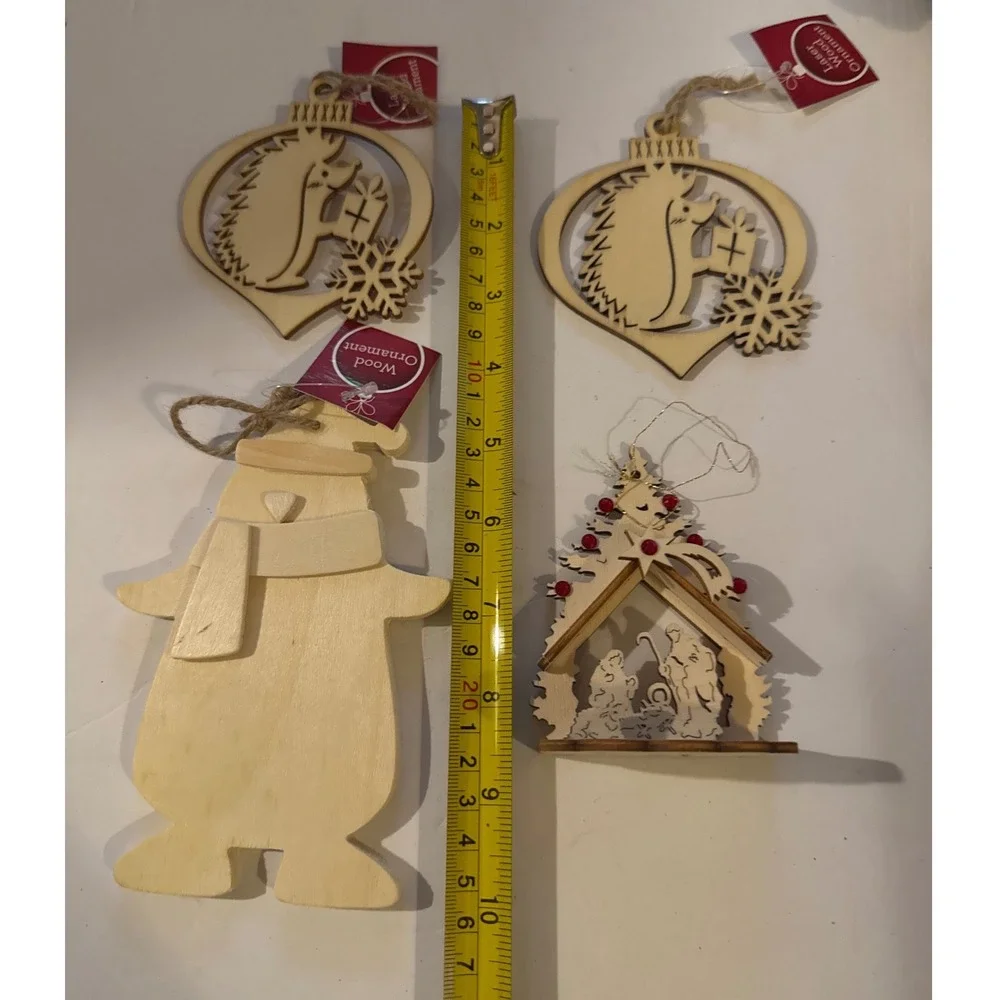 Wood Ornament Set Natural New Laser Cut Nativity Animal 4pc